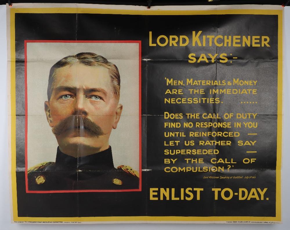 WW1 British Recruiting Poster, "Lord Kitchener Says .. Enlist To-Day"