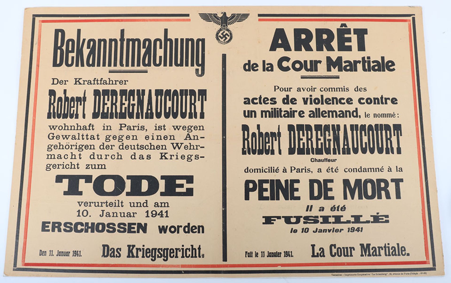 Powerful original German Poster announcing the execution of Robert Deregnaucourt