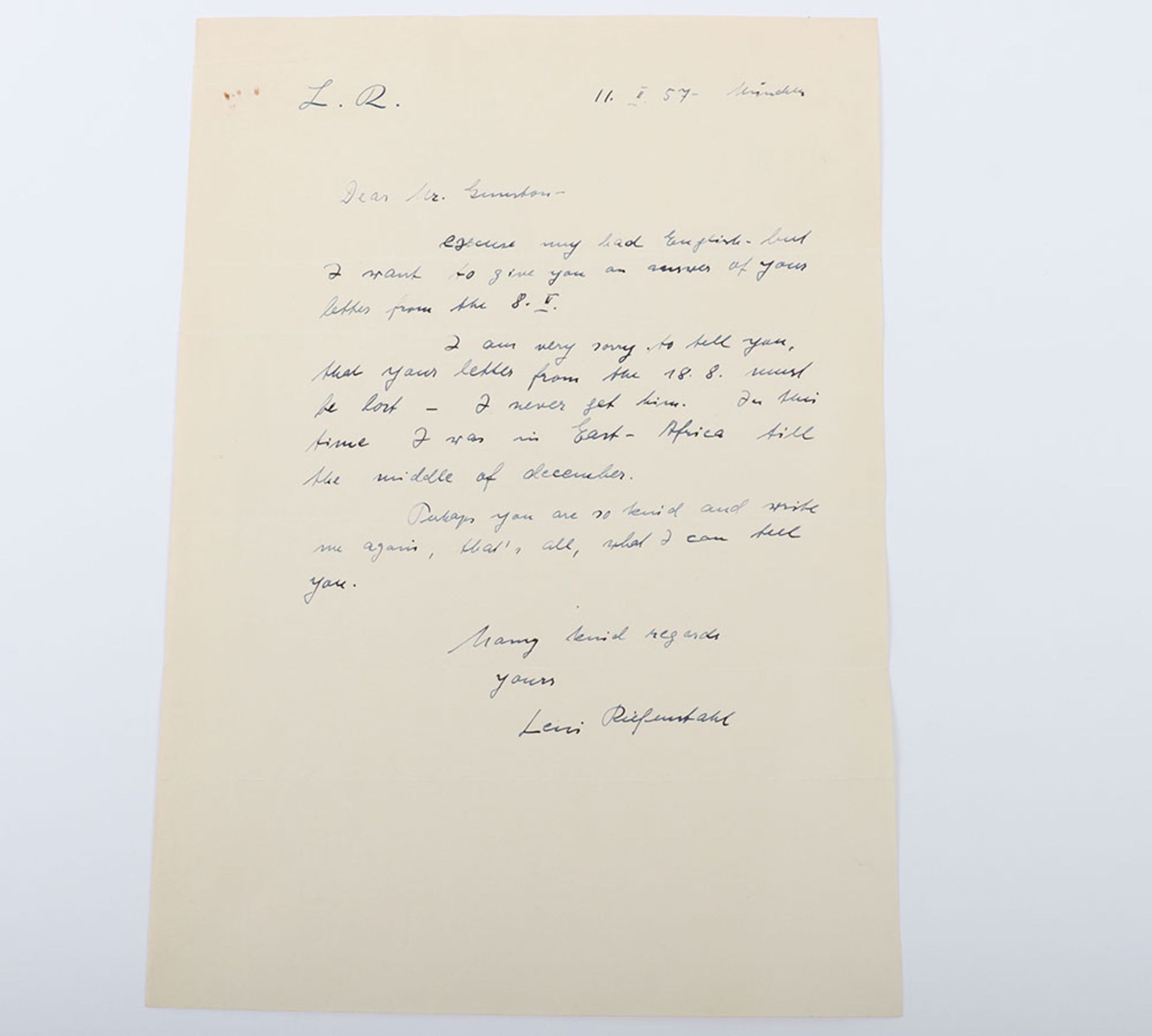 Leni Riefenstahl. Famous German film director signed letter