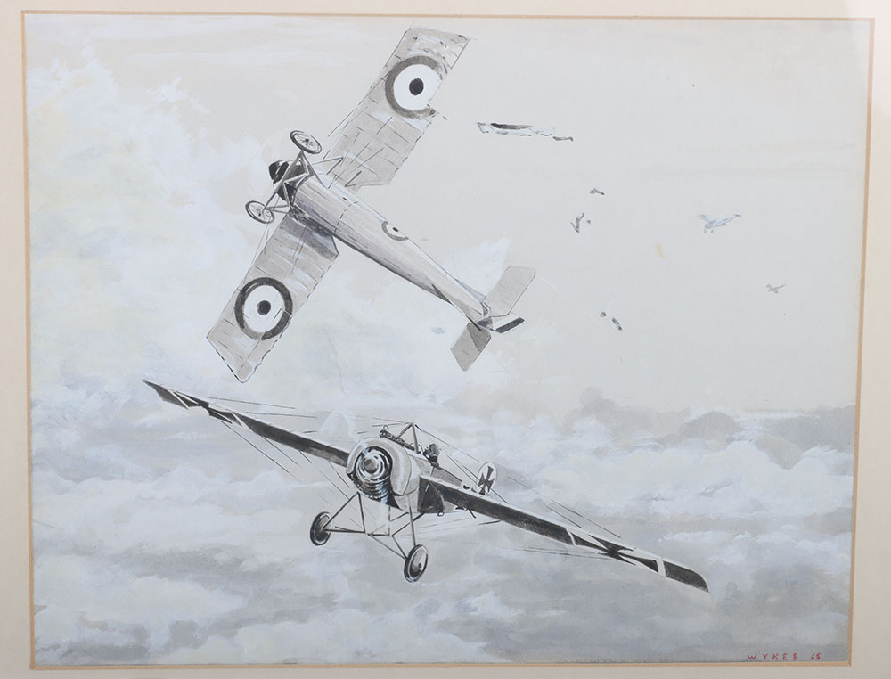 Great War Watercolour, Well executed painting of a Fokker Einedekker in action with an Allied plane - Image 3 of 3