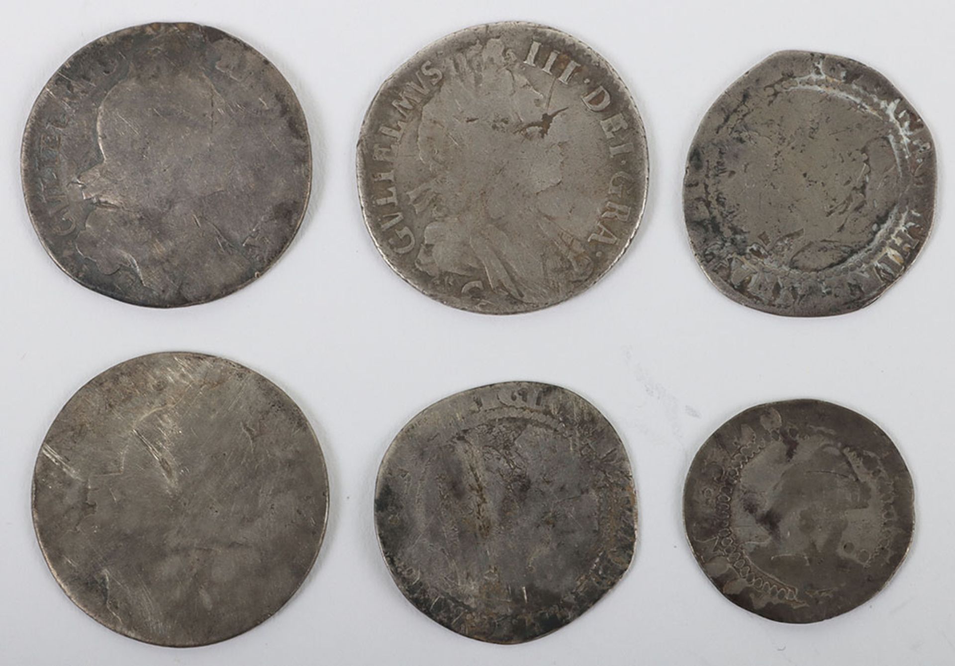Two Elizabeth I sixpences and a groat with three William III sixpences