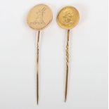 Two gold stick pins including a Peru 1911 1/5 Libra coin (.917) mounted on pin and a 9ct gold herald