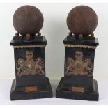 A pair of cannon balls on plinths for the Battle of Alma during the Crimean War