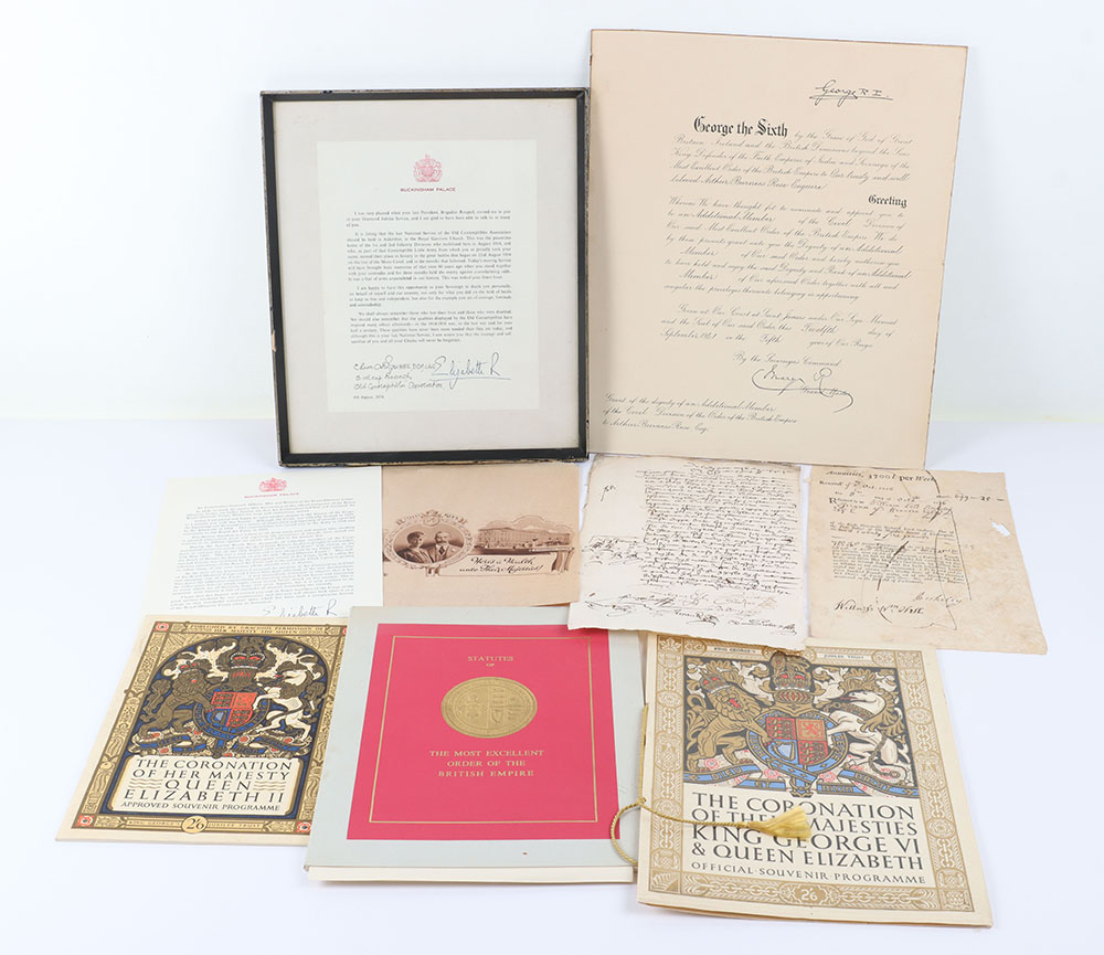 Mixed lot of ephemera and documents including a Queen Elizabeth II signed letter on Buckingham Palac