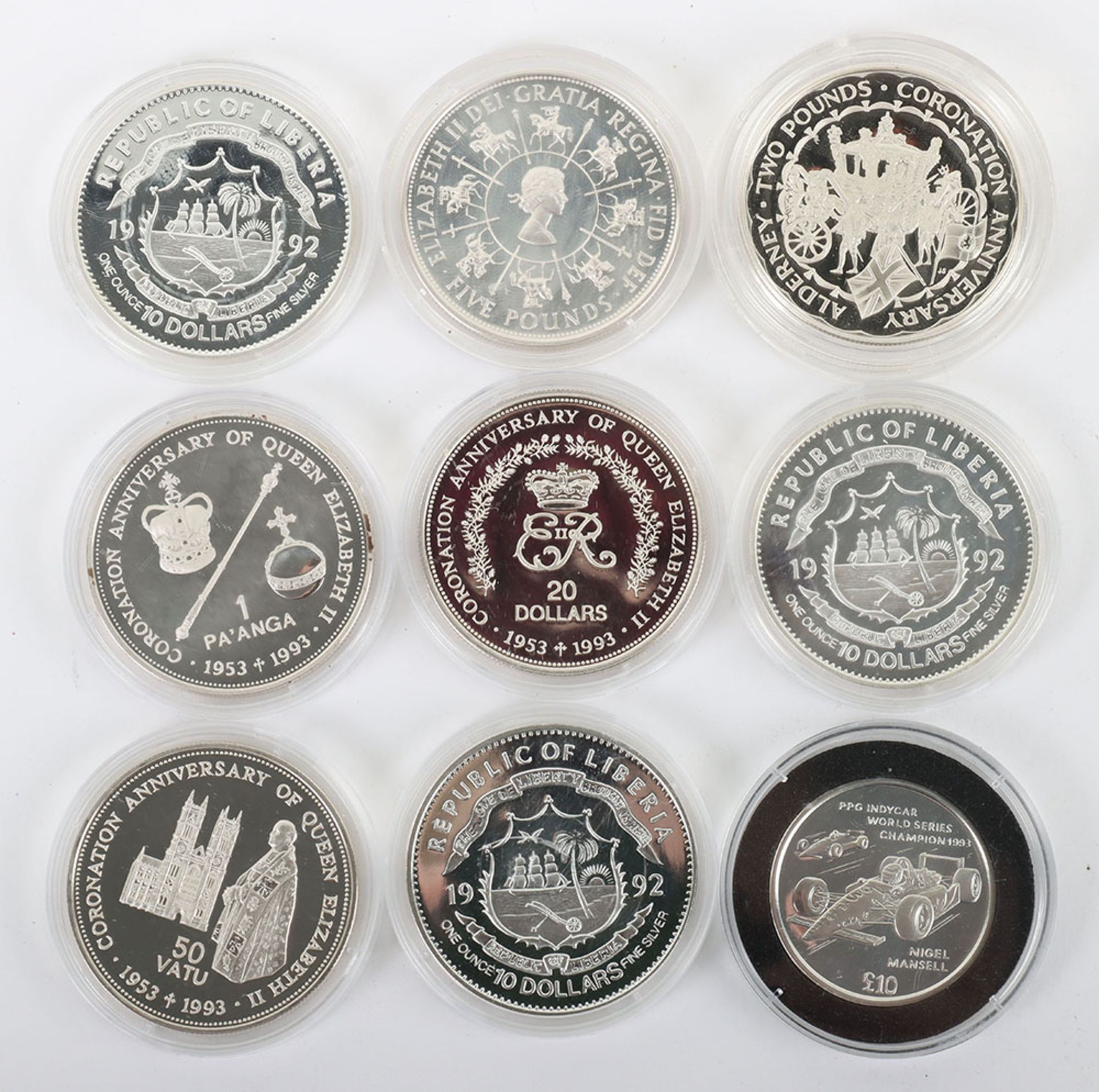 Nine silver coins including 1993 Alderney Two Pounds, 1993 20 Dollars, 3xRepublic of Liberia 10 Doll - Bild 2 aus 2