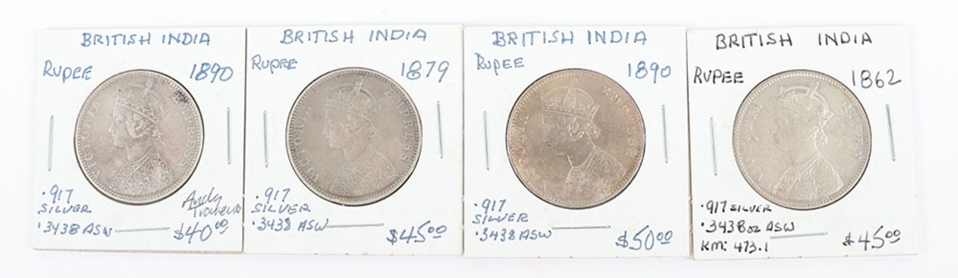 British India, Victoria, One Rupee, 1862, 1879, 1890C and 1890