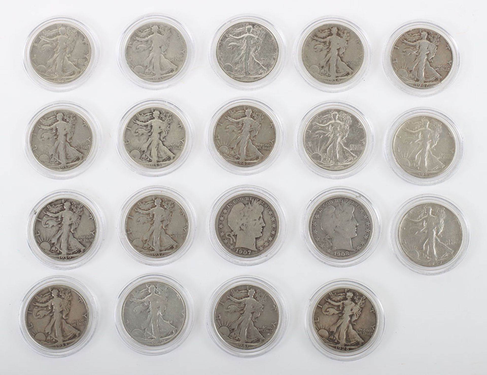 Selection of USA Half Dollars, 1907S, 1908D, 1928S, 1929D, 1933S, 1934D, 1935, 1936D, 1937, 1938, 19