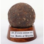 Battle of Waterloo Battlefield Excavated 12lb French Cannon Ball, mounted onto a wooden base with ty