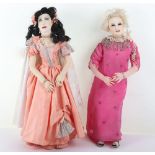 Two character dolls by Rosemary Bradshaw of Barbara Cartland in pin dress and pearls with a doll of