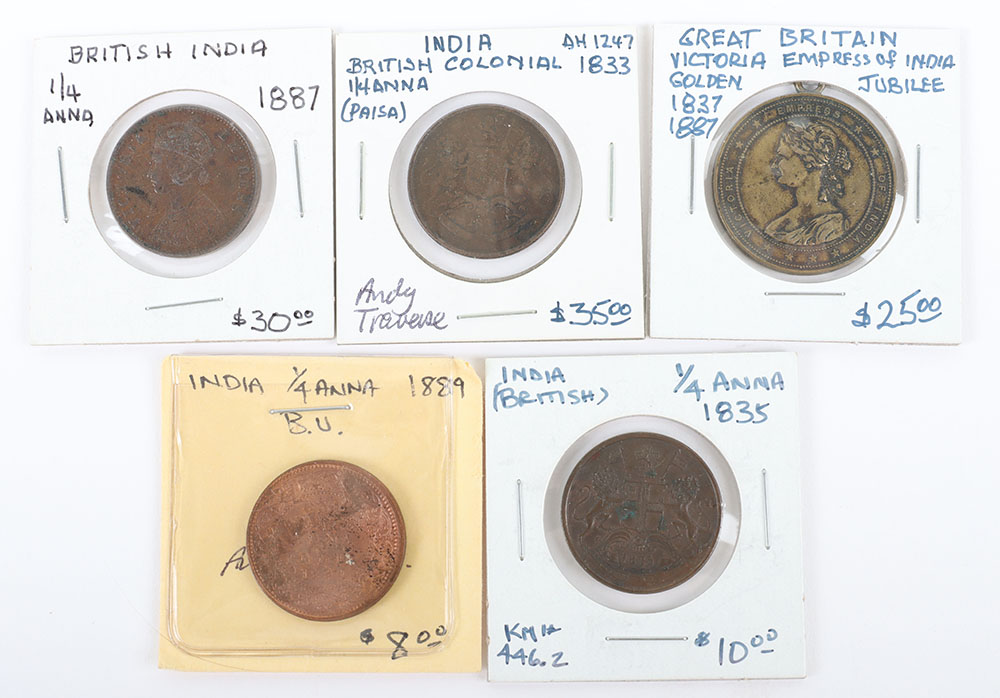 British India, Quarter Anna 1833 (Paisa), 1835 Quarter Anna, 1887 Quarter Anna, and 1889 Quarter Ann