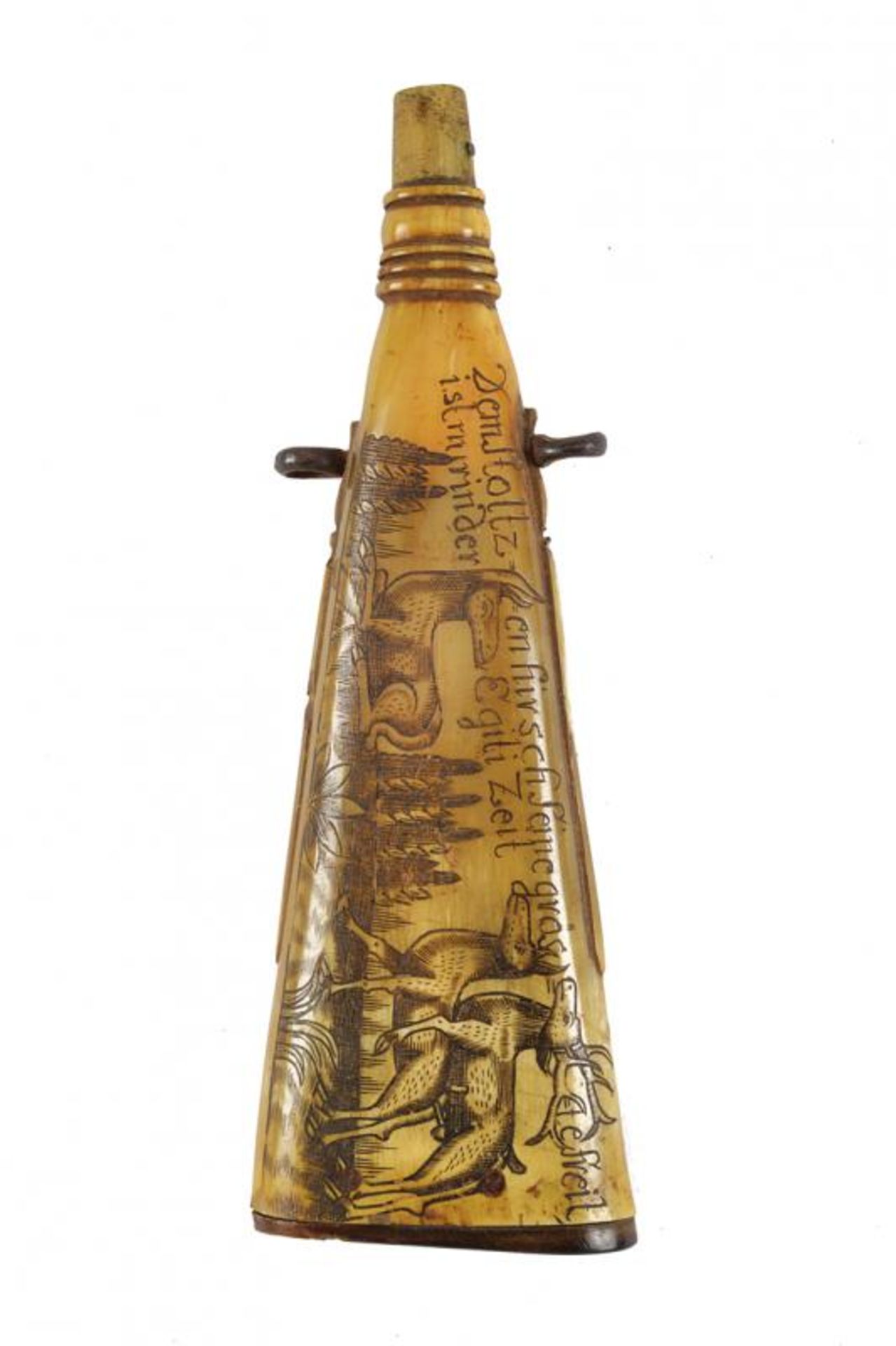 An interesting powderflask with engravings and inscriptions