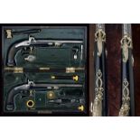 A cased pair of rare and elegant percussion pistols by Colombo