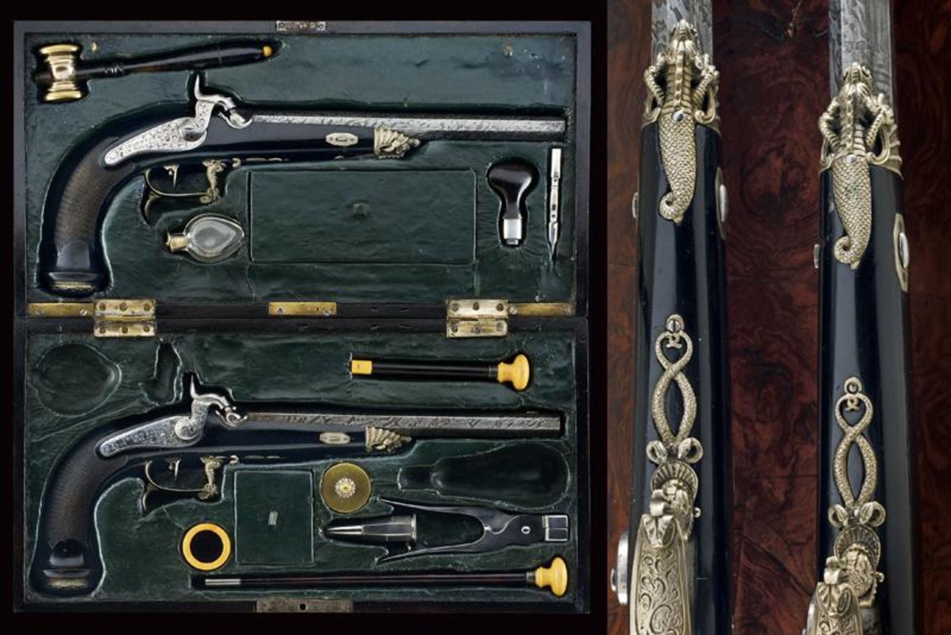 A cased pair of rare and elegant percussion pistols by Colombo