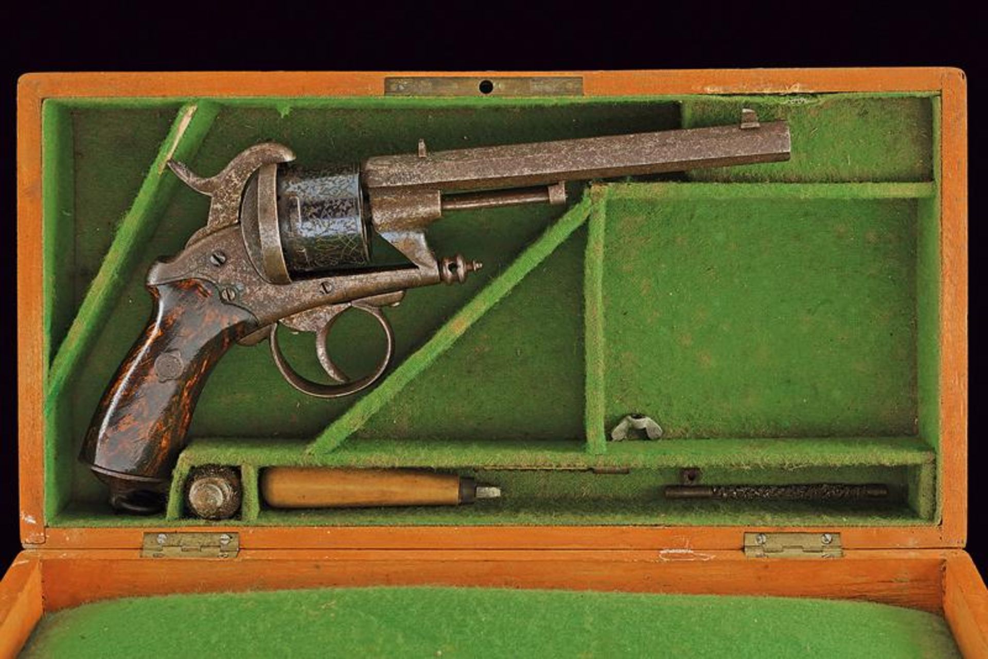 A cased Chamelot-Delvigne pinfire revolver