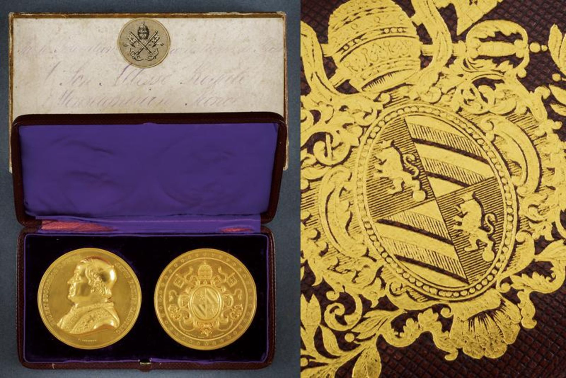 A lot of two presentation medals depicting Pope Pius IX's bust and coat of arms