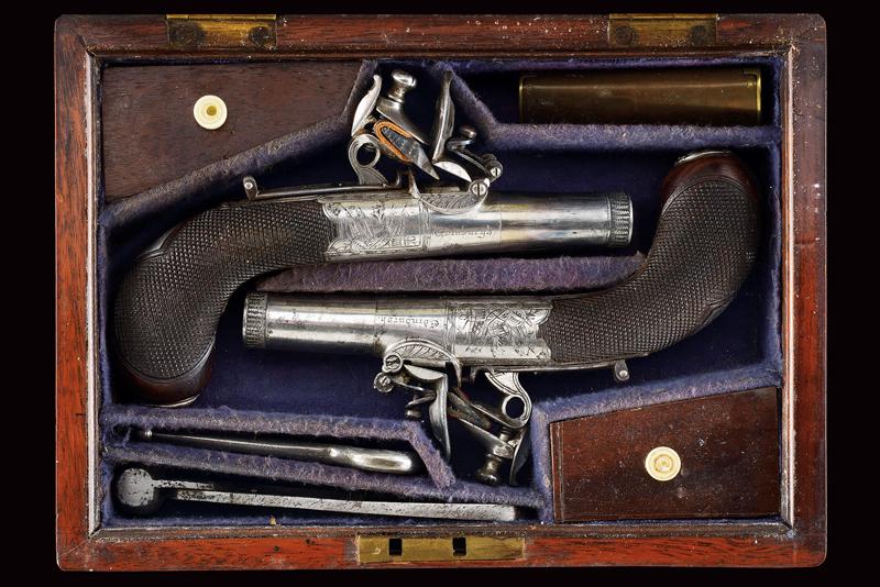 A cased pair of flintlock pocket pistols by William McLauchlan