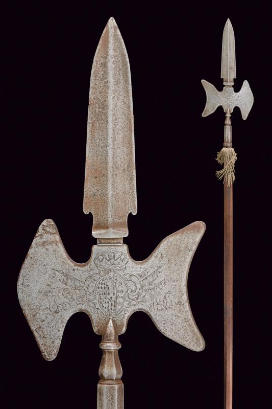 A halberd with Bourbon coat of arms