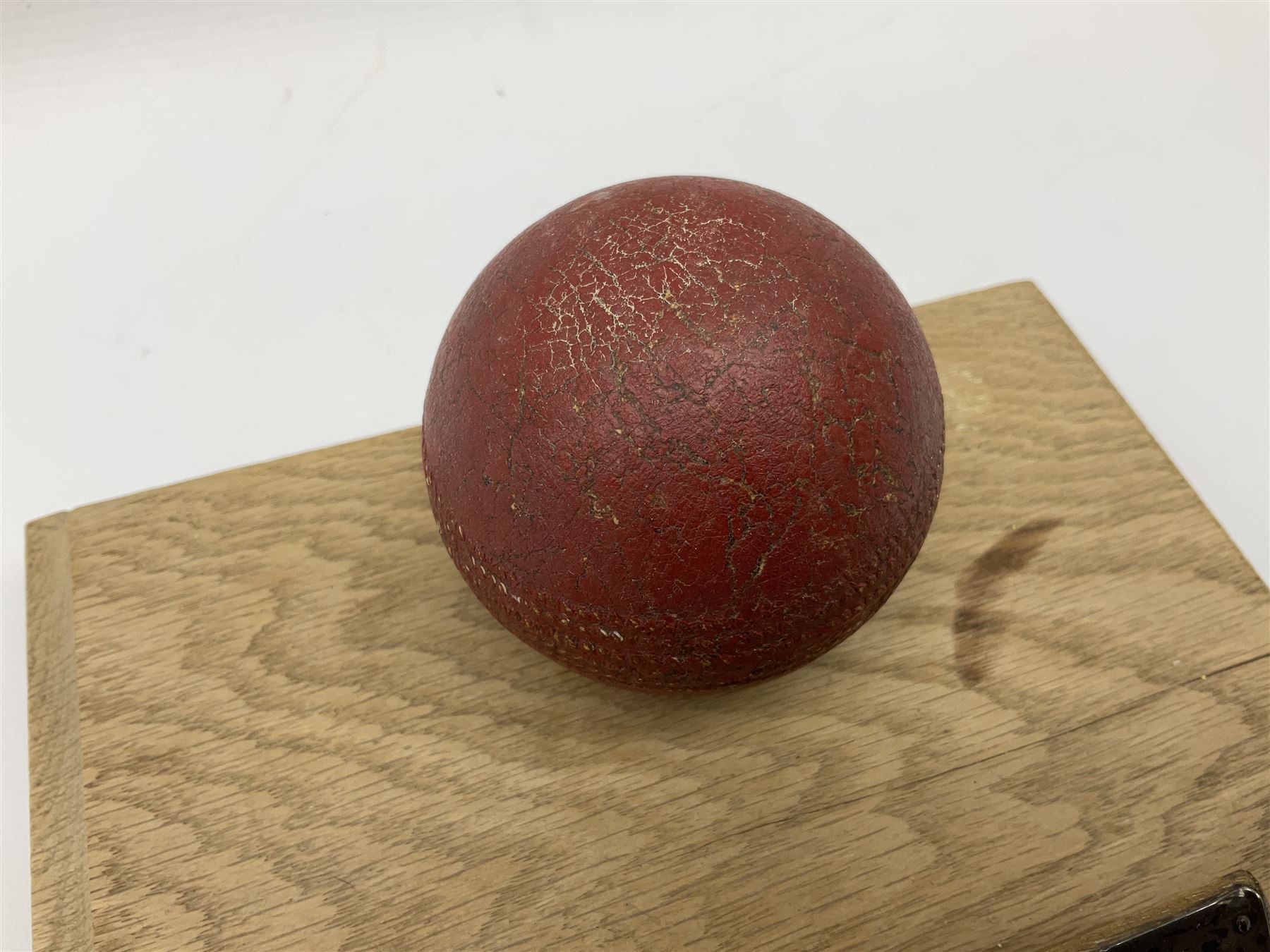 Raich Carter - early school cricket trophy of a cricket ball mounted on an oak base with white metal - Image 3 of 5