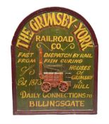 `The Grimsby-York Railroad Co.` painted wooden railway advertising sign 20th century
