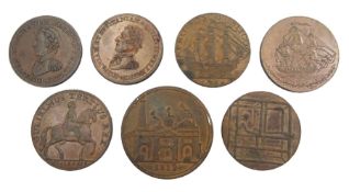 Seven 18th and 19th century Hull tokens including 1791 Hull halfpenny