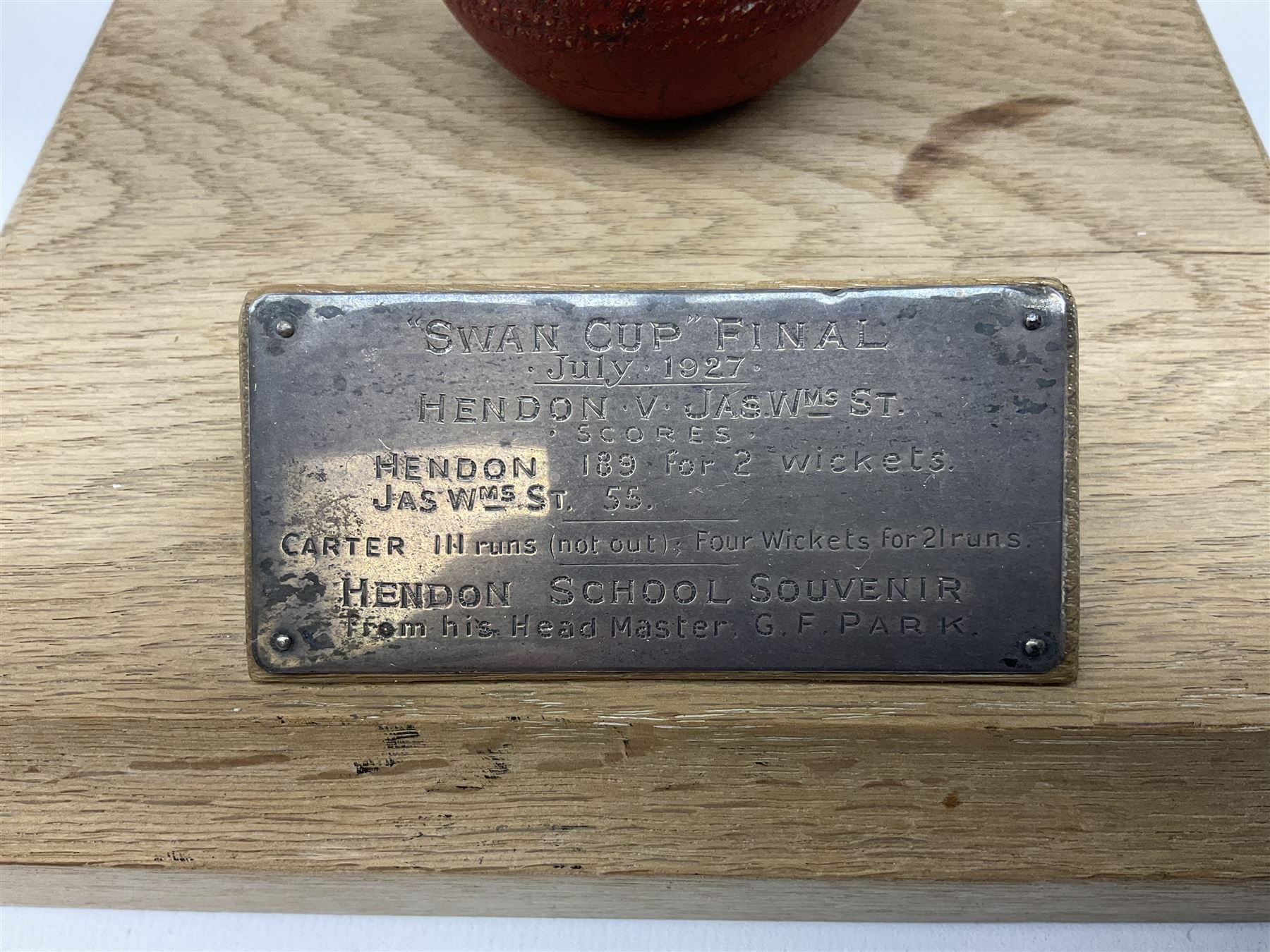 Raich Carter - early school cricket trophy of a cricket ball mounted on an oak base with white metal - Image 2 of 5