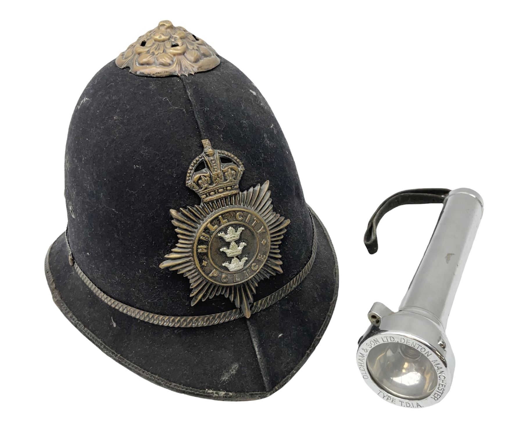 Hull City Police - Christy's London helmet with king's crown plate and an Oldham & Son Ltd Denton Ma