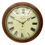 A late 19th century 8-day wall clock with a 15” mahogany bezel and 12” painted convex dial