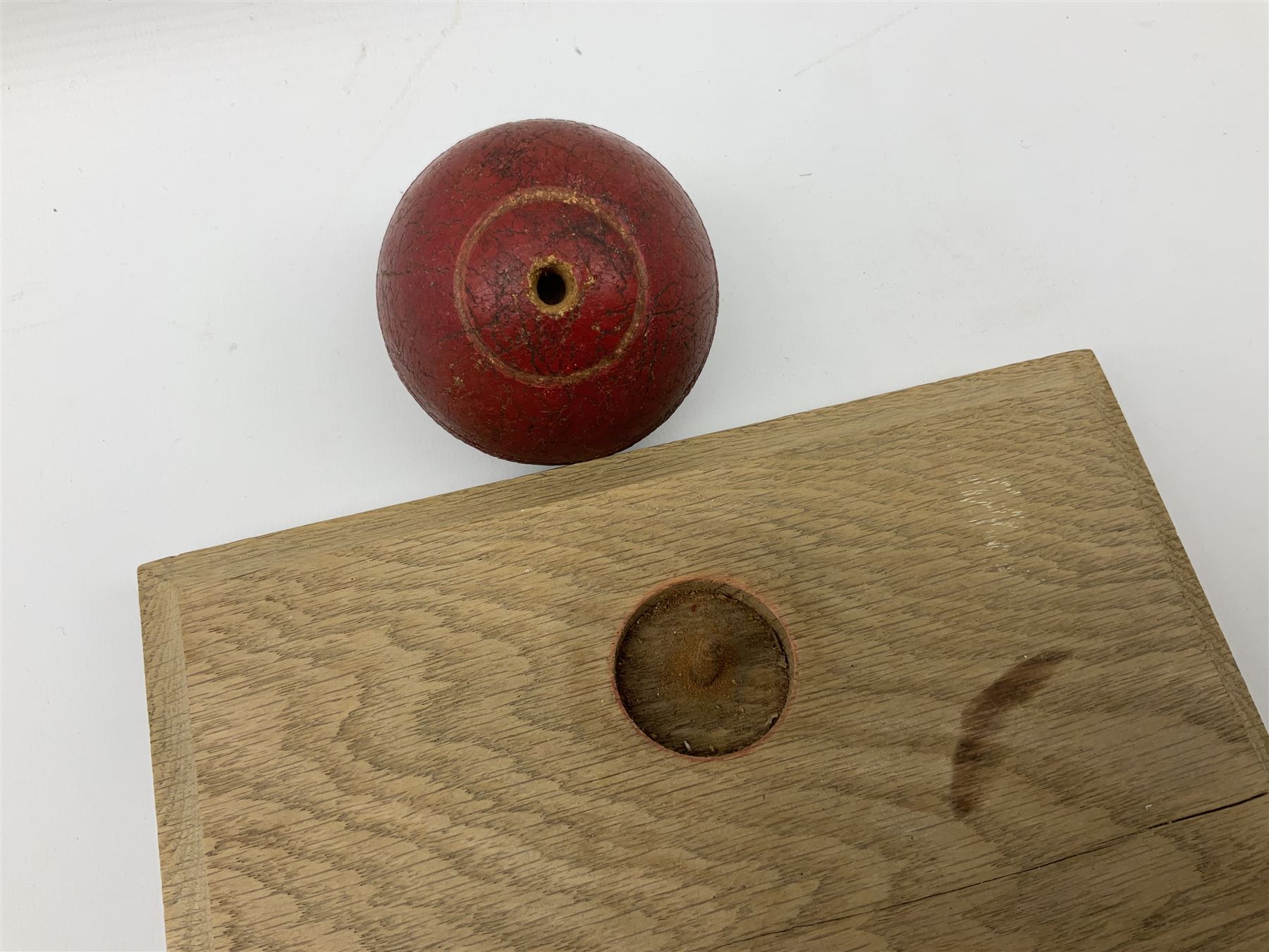 Raich Carter - early school cricket trophy of a cricket ball mounted on an oak base with white metal - Image 5 of 5