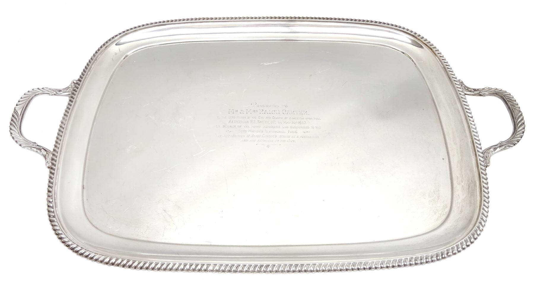 Raich Carter - presentation hallmarked silver two-handled tray of rounded oblong form with gadrooned - Image 27 of 47