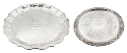 Raich Carter - Georgian style silver plated tray of circular form with pie-crust rim inscribed to th