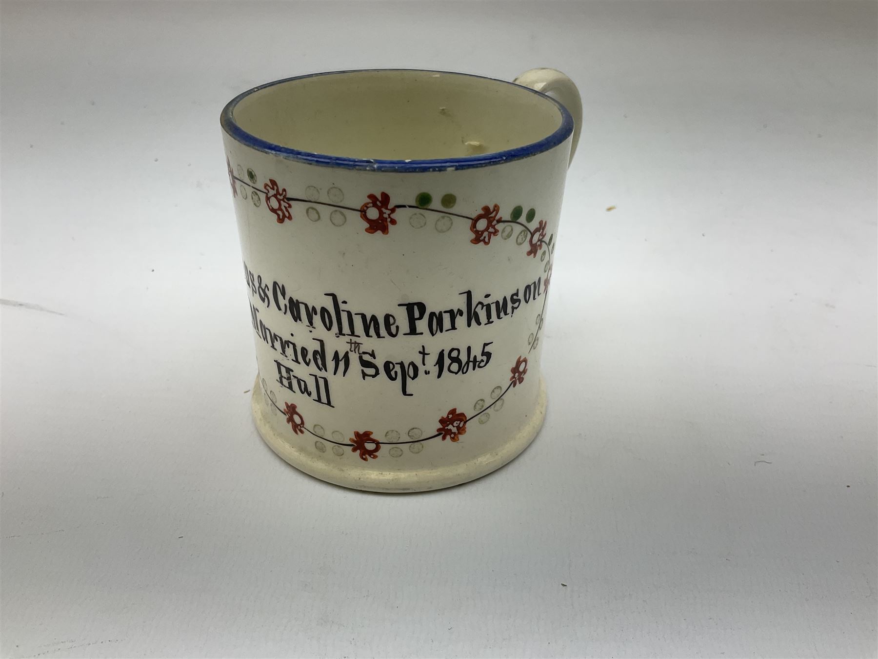 Early Victorian marriage mug for Thomas and Caroline Parkinson dated 11th Sept. 1845 Hull H8cm - Image 4 of 13