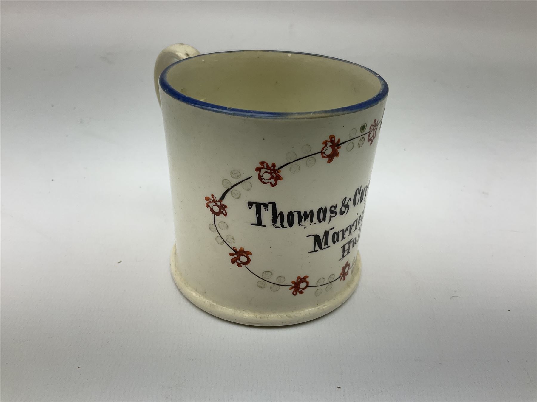 Early Victorian marriage mug for Thomas and Caroline Parkinson dated 11th Sept. 1845 Hull H8cm - Image 2 of 13