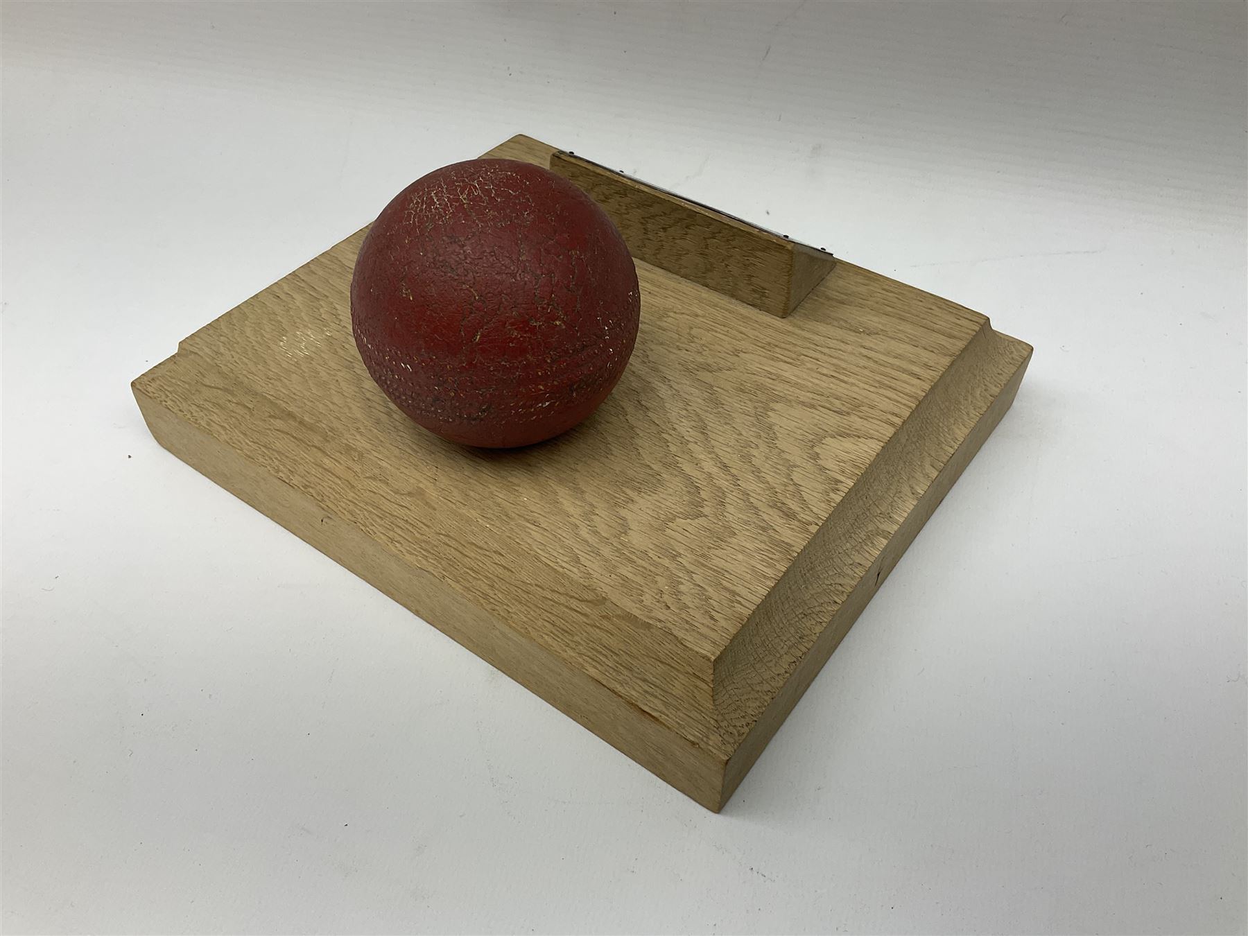 Raich Carter - early school cricket trophy of a cricket ball mounted on an oak base with white metal - Image 4 of 5