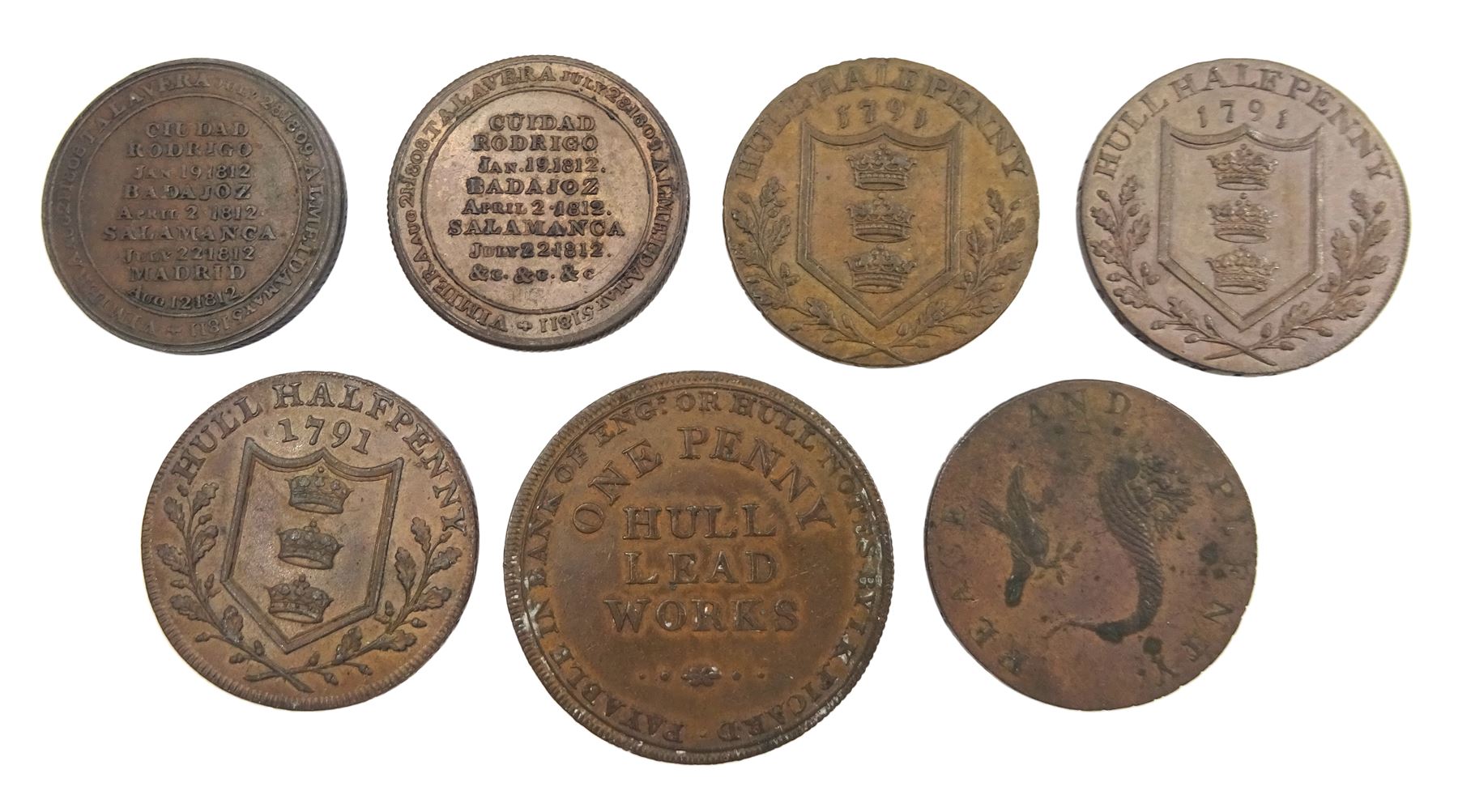 Seven 18th and 19th century Hull tokens including 1791 Hull halfpenny - Image 2 of 2