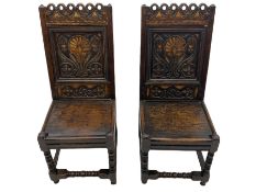 Pair 17th century carved oak and fruitwood inlaid hall chairs