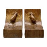 Pair 'Mouseman' tooled oak bookends