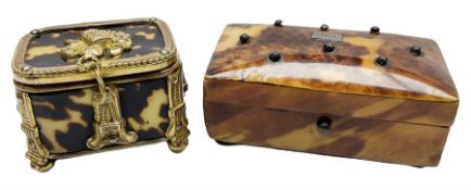 George III tortoiseshell trinket box with initialled panel and studwork decoration to the hinged cov