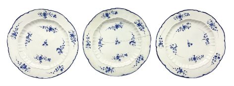 Three late 18th century Caughley moulded plates decorated in the Chantilly Sprigs pattern with flowe