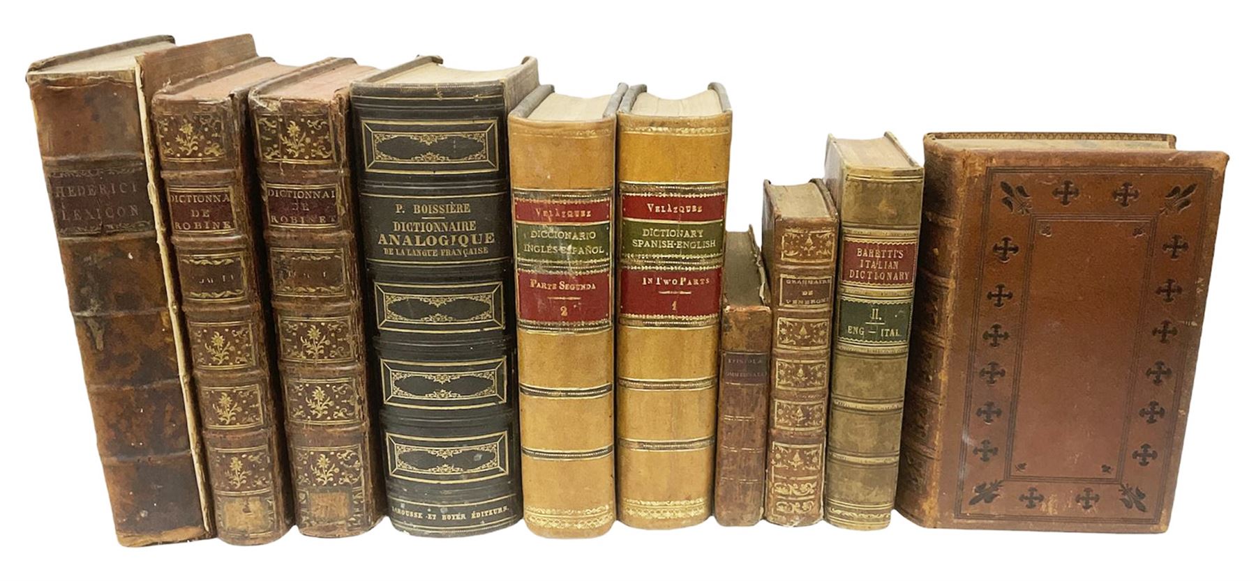 Ten 18th/19th century leather bound dictionaries and books on grammar including Epistolae Commercial