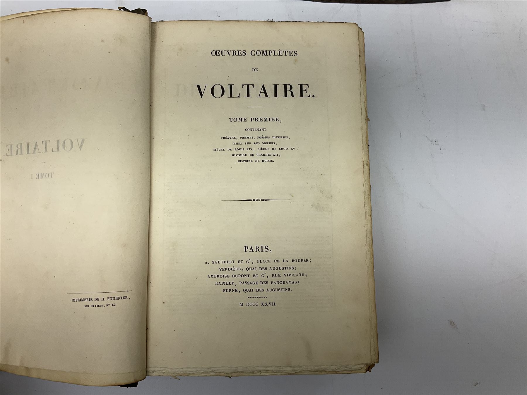 Eighteen 19th century leather bound books including Oeuvres Completes De Voltaire. 1827 Paris. Two v - Image 15 of 15