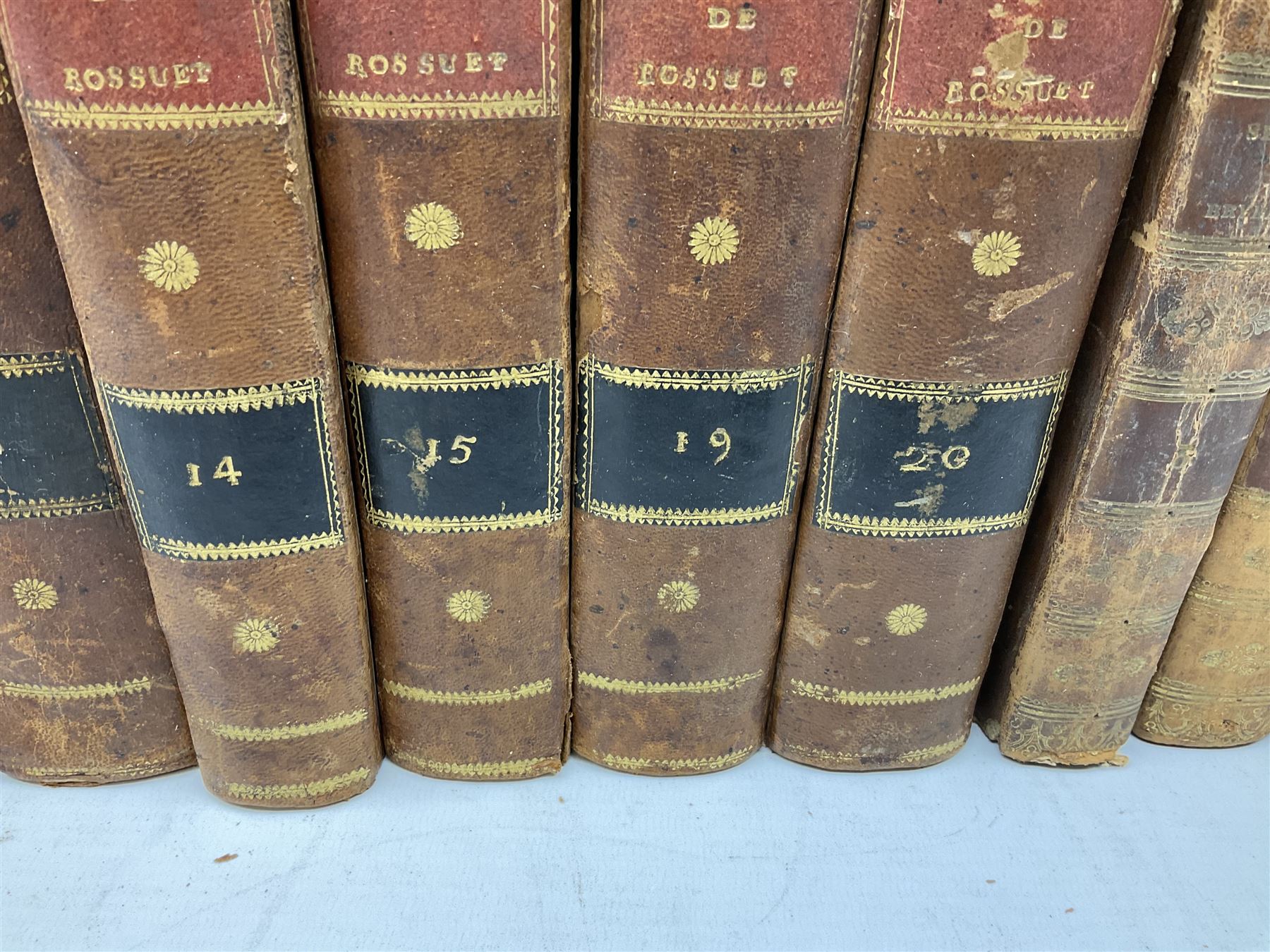 Twenty 18th/19th century leather bound books including part sets of Oeuvres De Messire Jacques-Benig - Image 7 of 15