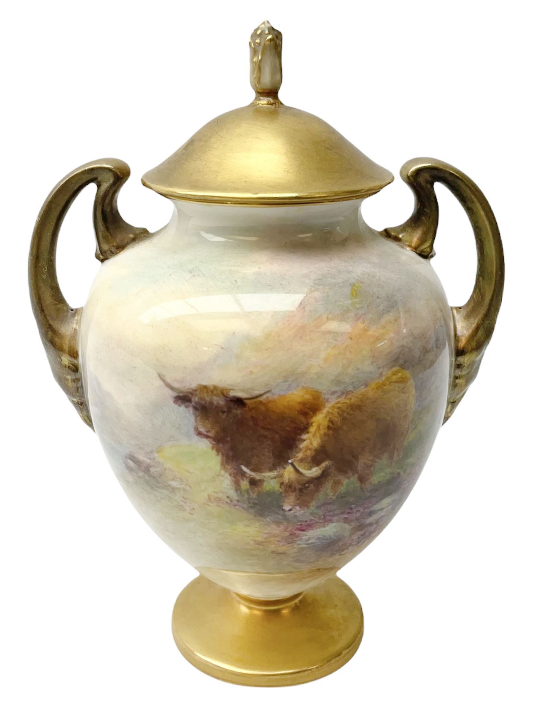 Mid 20th century Royal Worcester twin handled vase and cover decorated by Harry Stinton