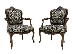 Pair 19th century French walnut Fauteuil open armchairs