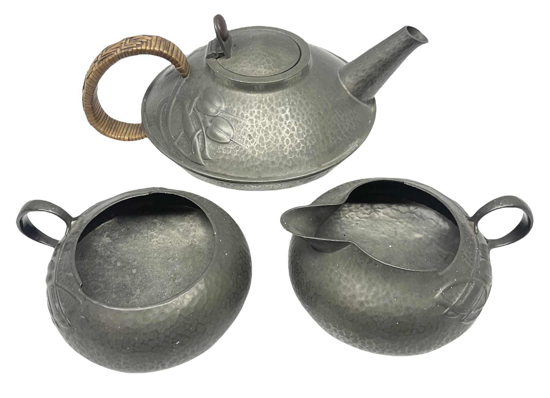 Archibald Knox for Liberty & Co Tudric pewter three piece tea service