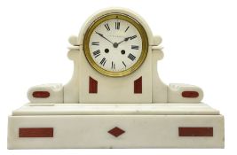 Late 19th century eight-day French mantle clock in a white marble case with contrasting rouge marble