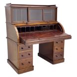 Victorian mahogany cylinder roll top secretaire desk