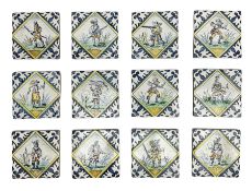 Twelve 18th century Delft tiles decorated in polychrome with Cavaliers