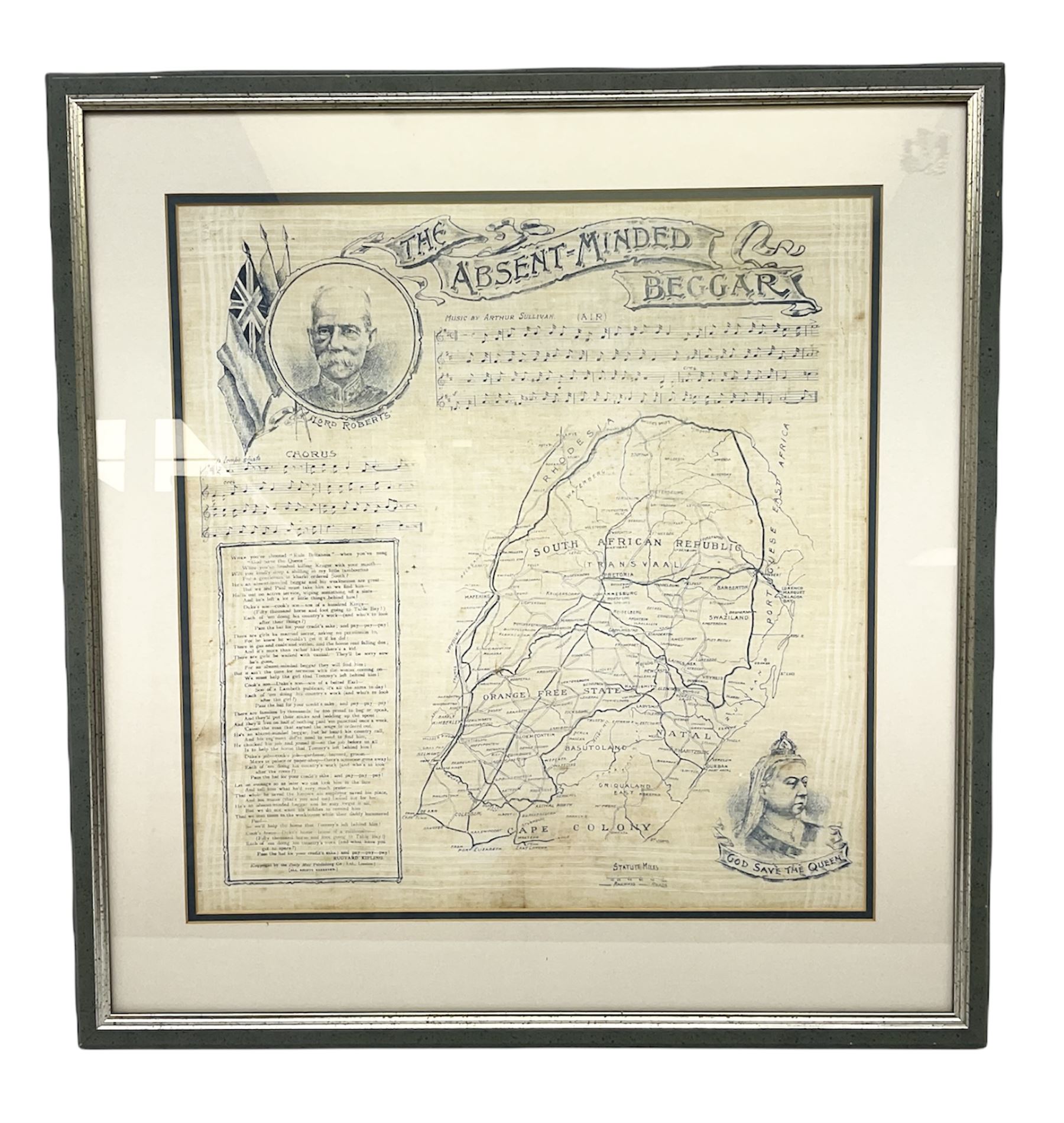 Boer War cotton handkerchief printed with portraits of Lord Roberts and Queen Victoria with a map of