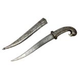Indian Khanjar dagger with 28cm curving damascus steel blade inlaid with silver floral emblem