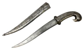 Indian Khanjar dagger with 28cm curving damascus steel blade inlaid with silver floral emblem